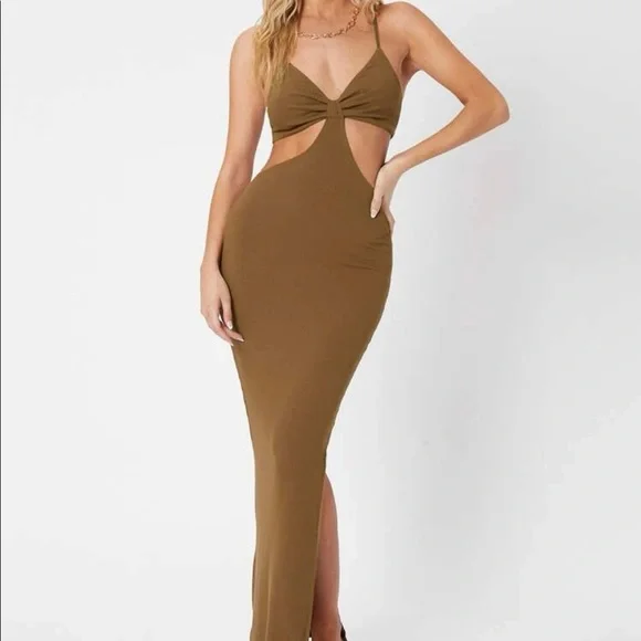 Shein Dresses | Shein Cutout Split Thigh Bodycon Dress | Color: Brown/Tan | Size: M | Rodriguezkat's Closet